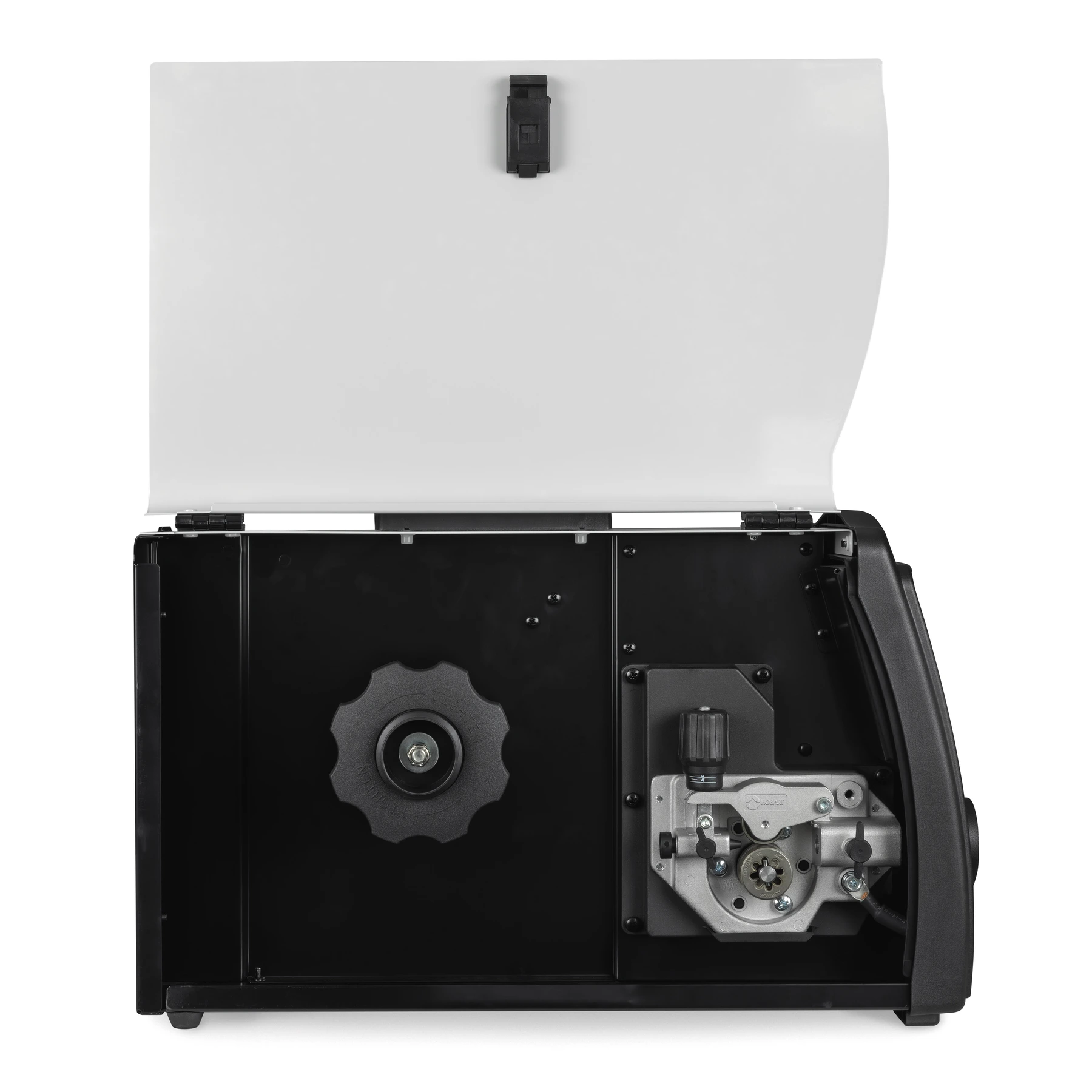 An industrial machine with its side panel open, showing internal components and mechanisms.