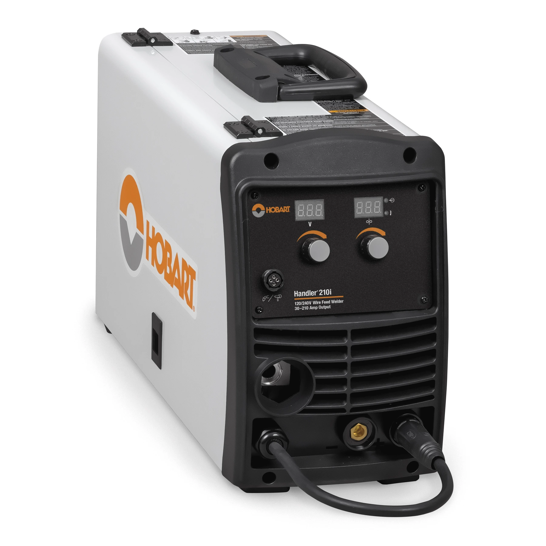 A Hobart Handler 210i wire feed welder with controls and connectors visible.
