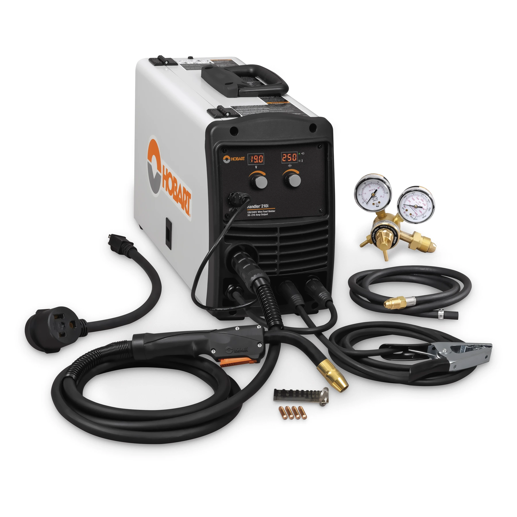 A welding machine labeled 'Hobart' with attached cables and accessories including gauges, clamps, and connector parts.