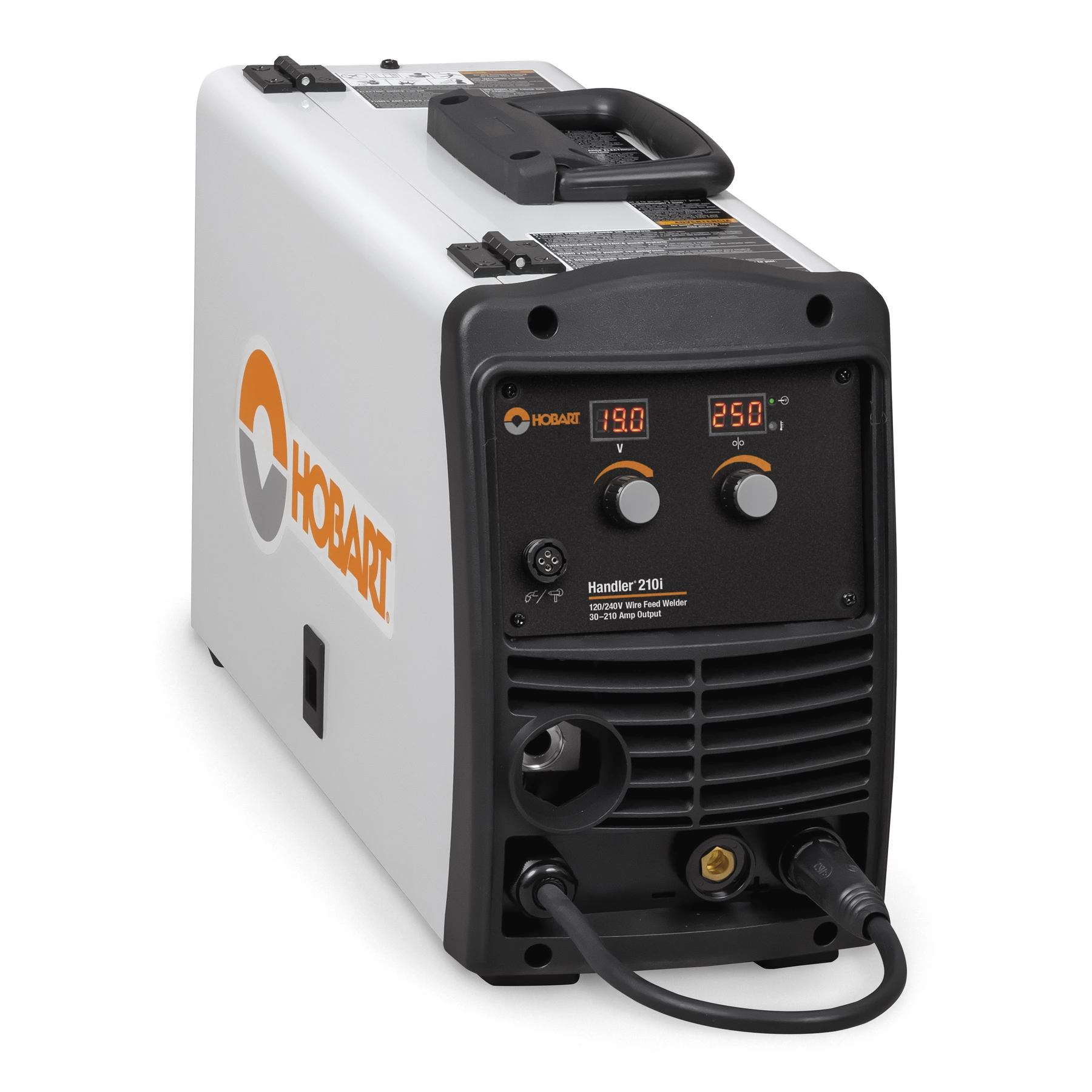 Hobart Handler 210i welding machine featuring controls, indicators, and branding on its front panel.