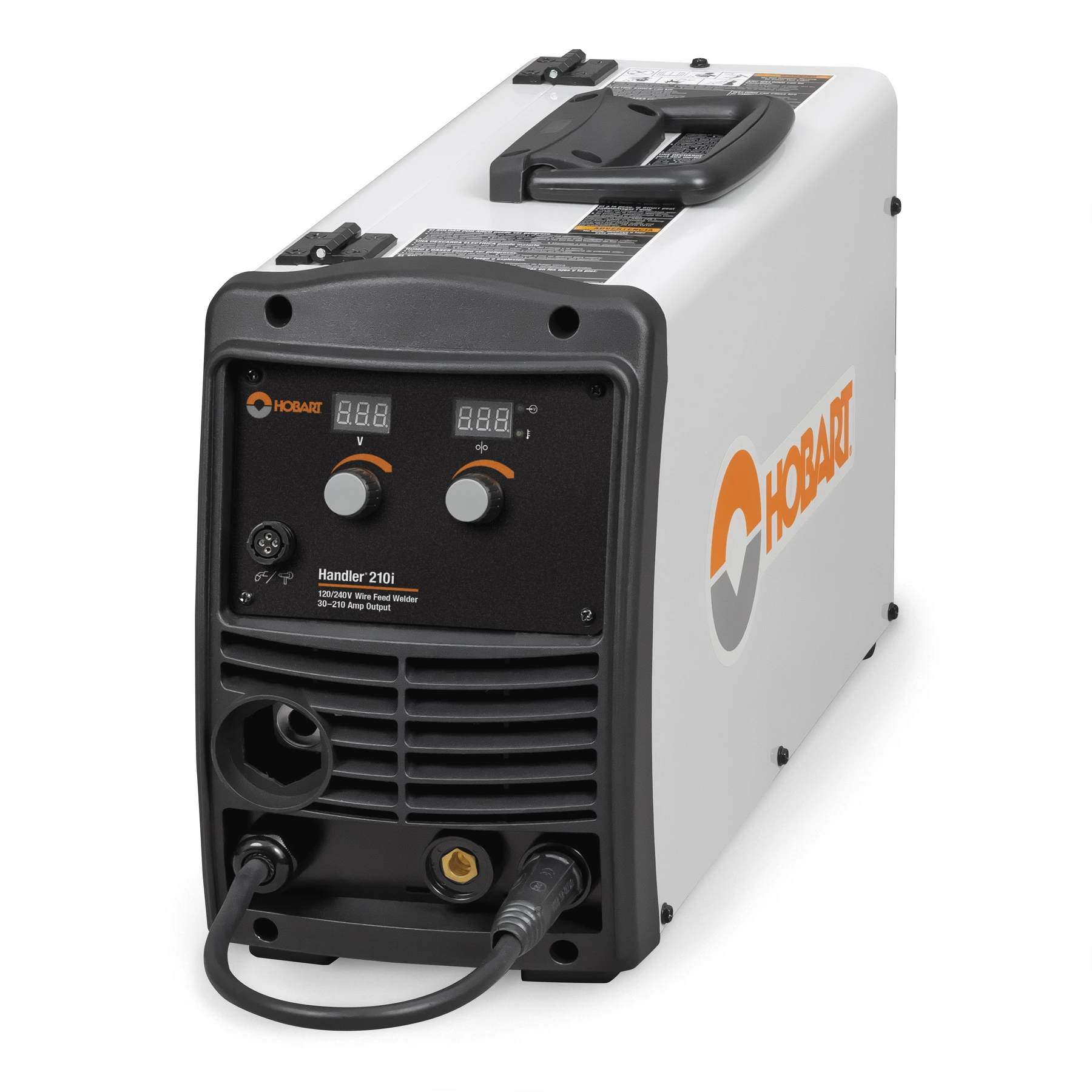 A Hobart Handler 210i wire feed welder with controls and attachments visible on the front panel.