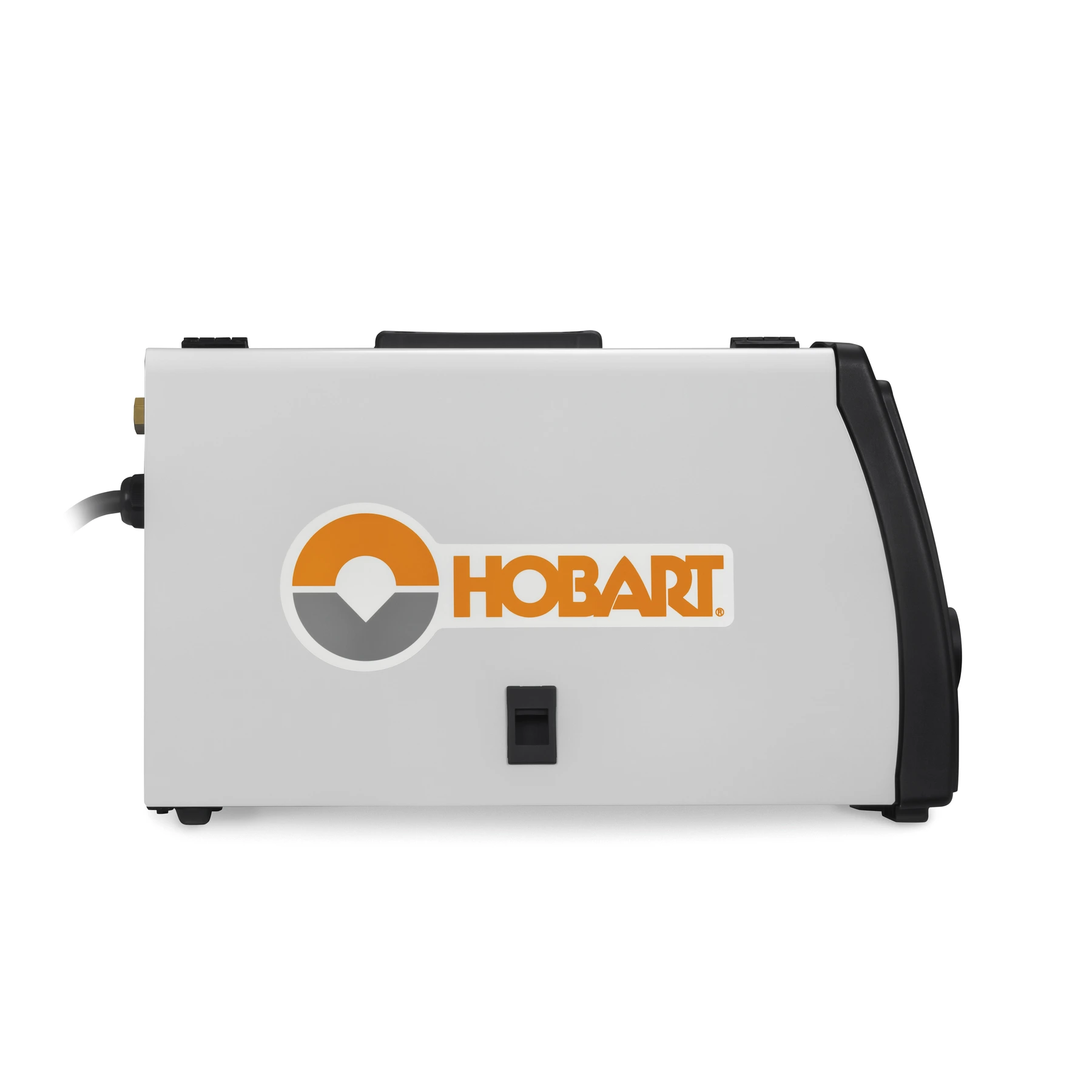 Side view of a Hobart welding machine with a white casing and logo.