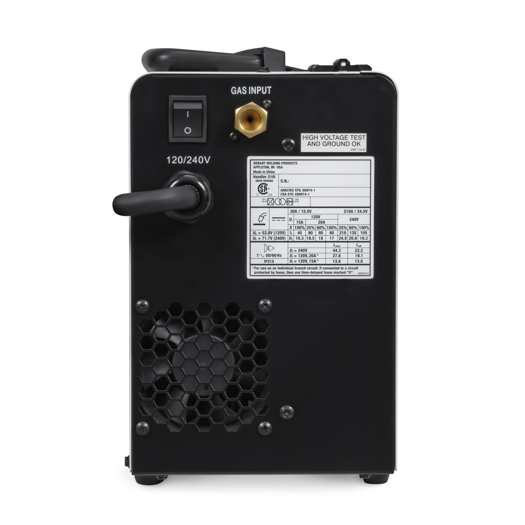 Back view of a Handler 210i welding machine showing its power switch, gas input, ventilation fan, and technical specifications label.