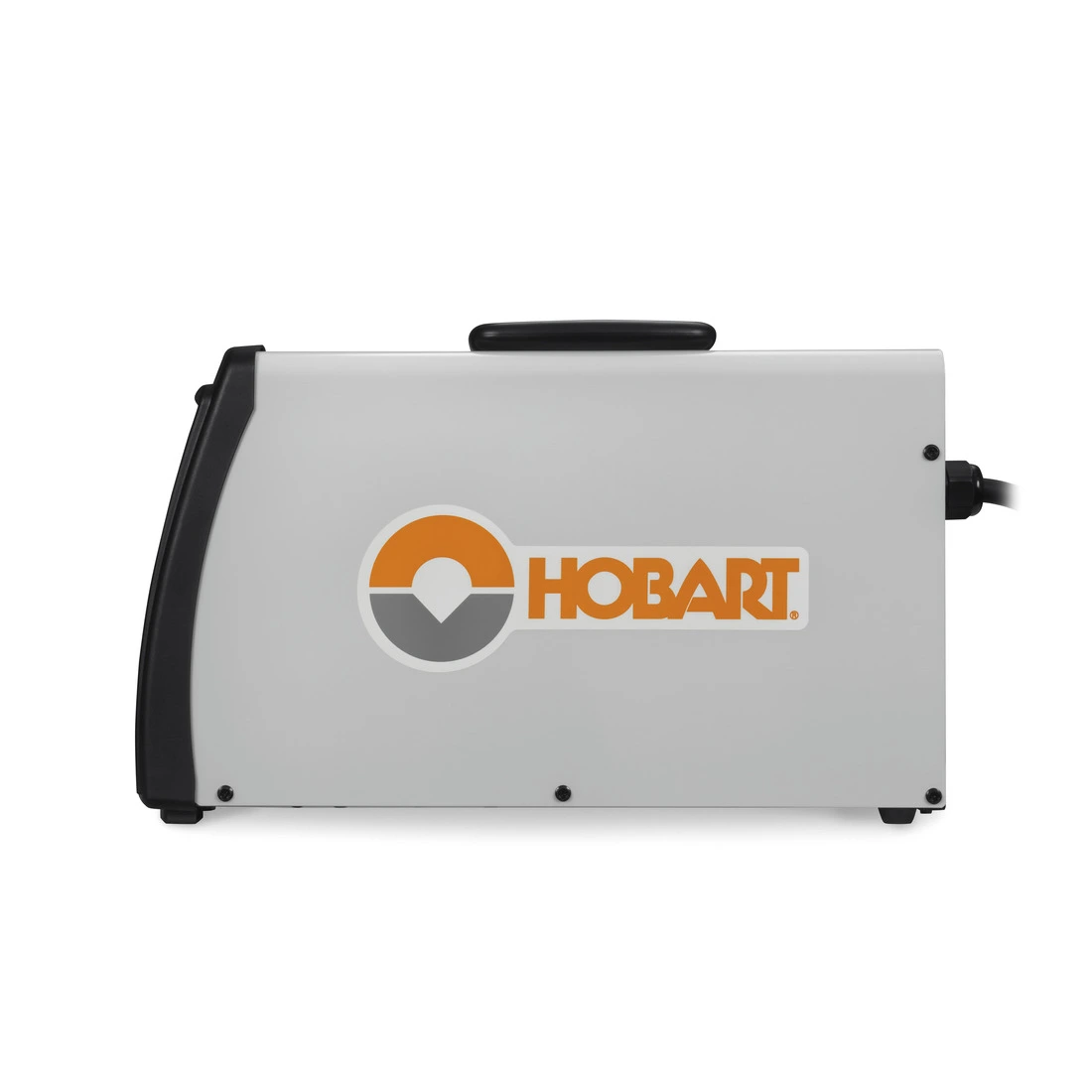 Side view of a Hobart Handler 210i welding machine with a white exterior and black detailing.