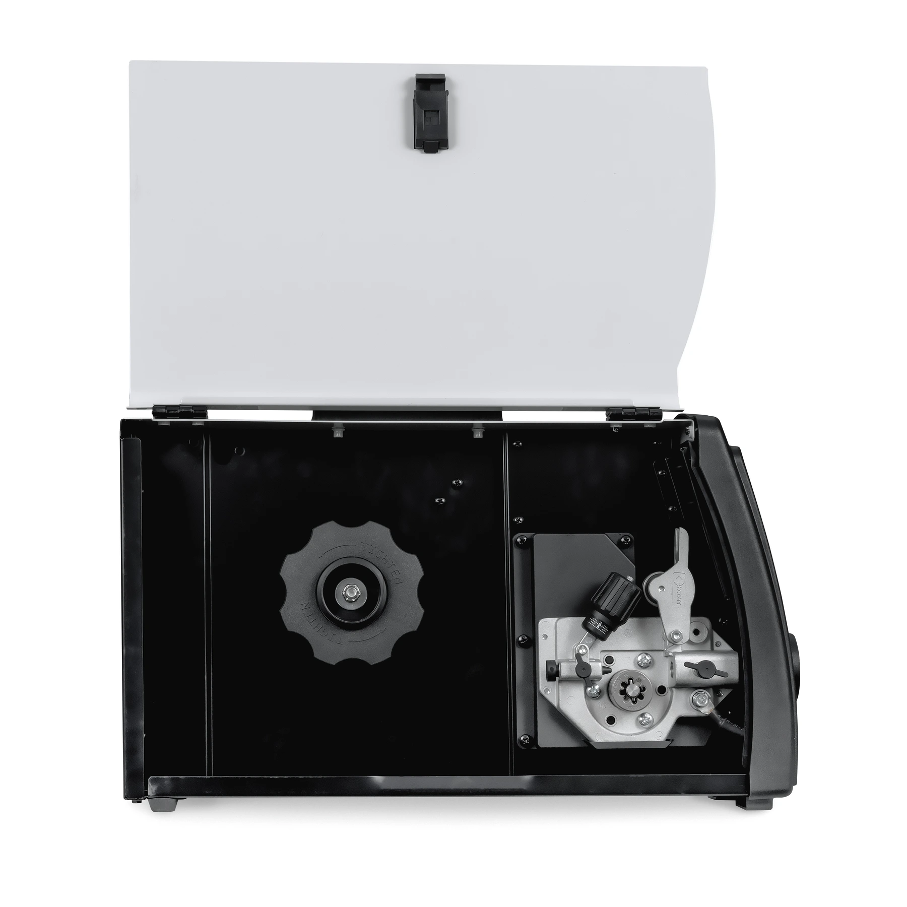 A black device with compartment doors open, revealing the internal mechanisms including a circular gear and lever system.