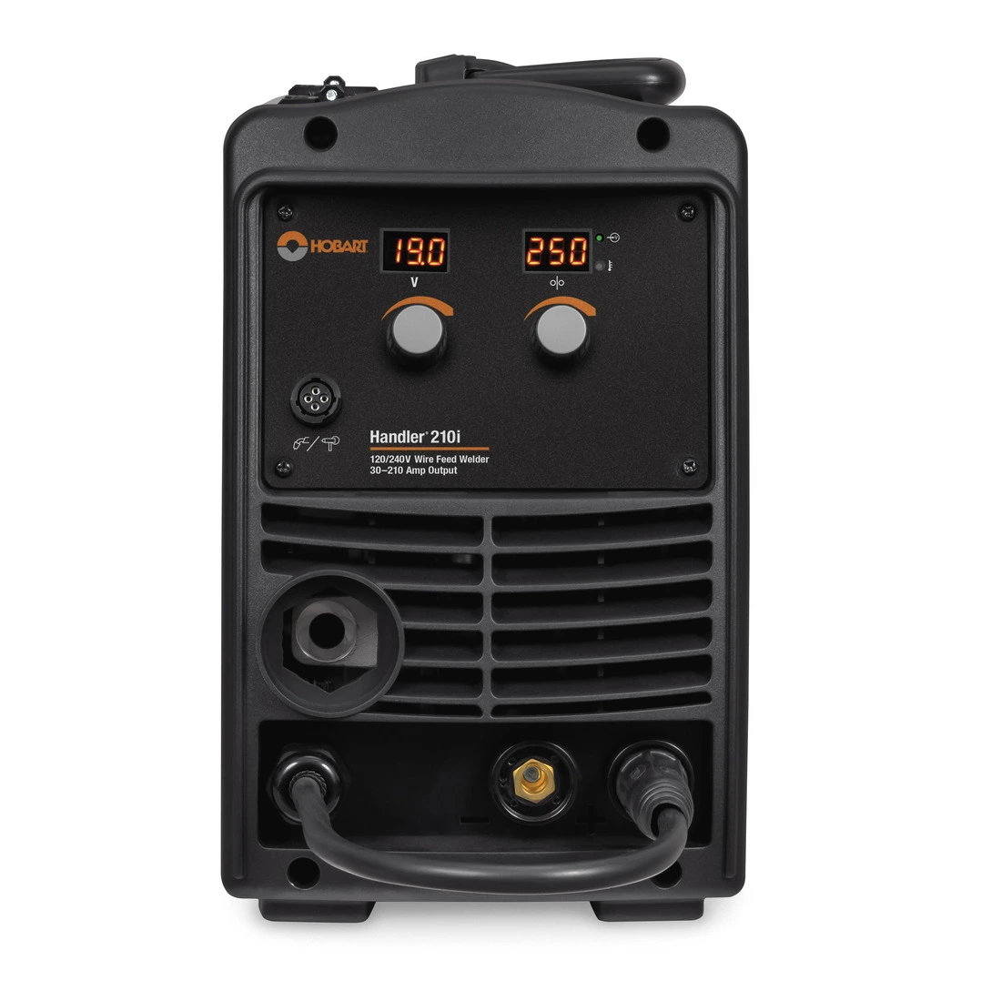 Front view of a Hobart Handler 210i wire feed welder, showcasing controls, connectors, and an LED display.