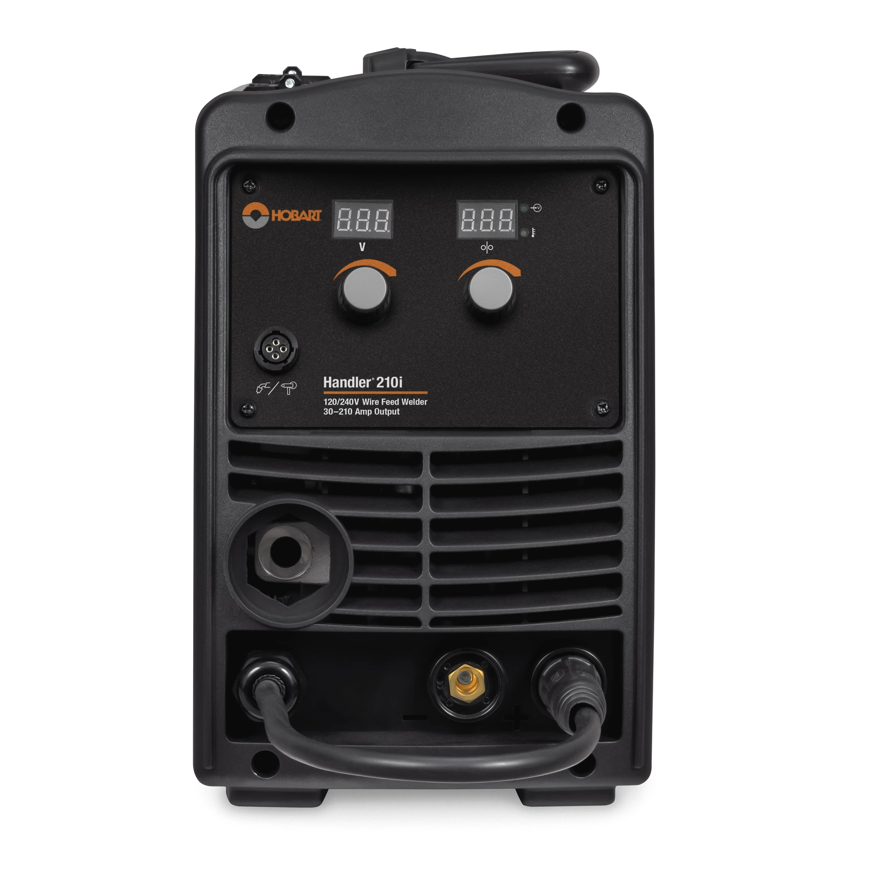 Front view of the Hobart Handler 210i wire-feed welder with controls and cable connectors visible.